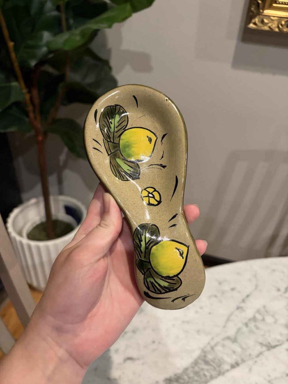 Handmade Ceramic Spoon Rest Lemon Floral & Nature Pattern Style Mexico
